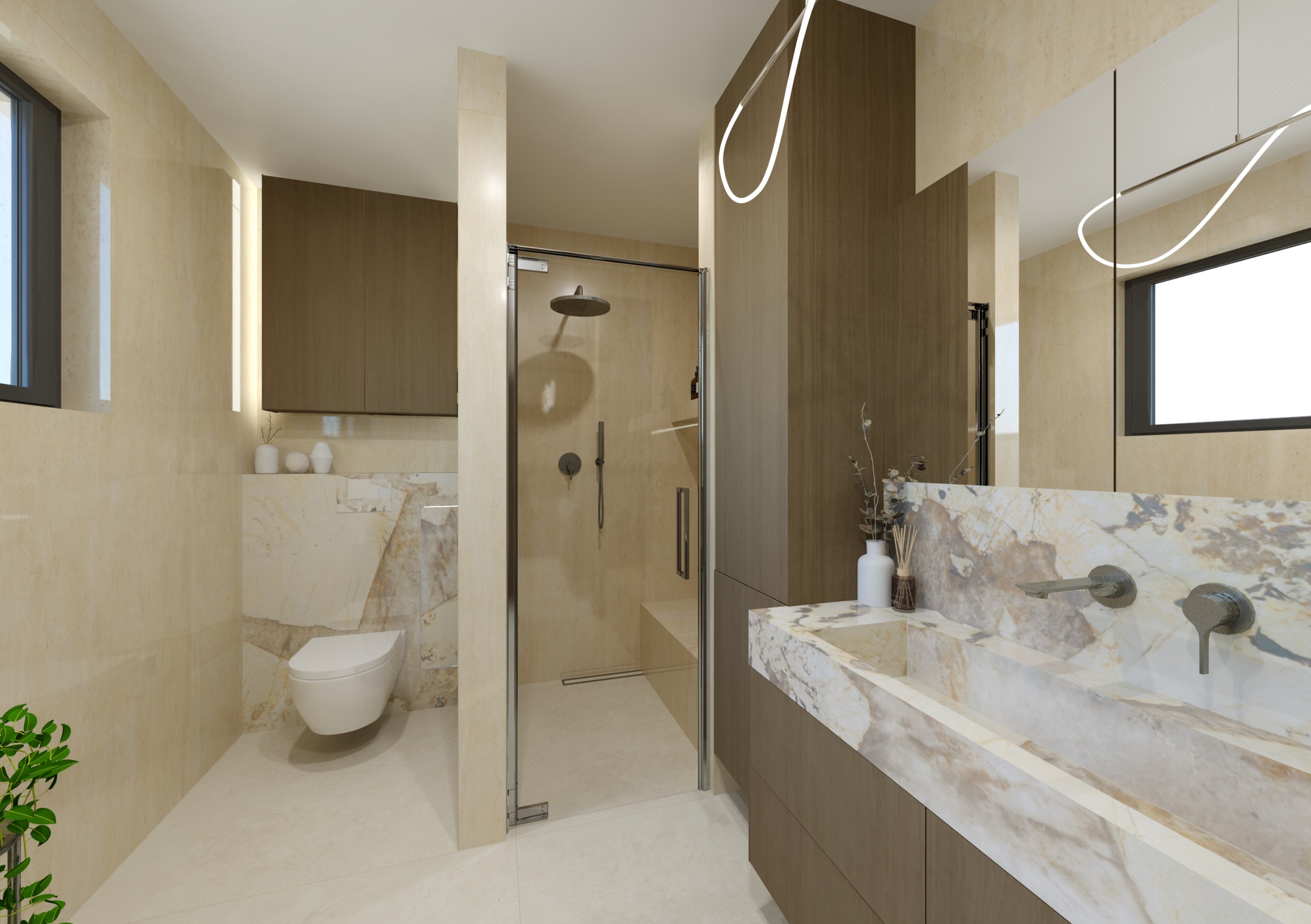 Moderní koupelna v rodinném domě: travertin jako základ, mramorová kresba jako akcent