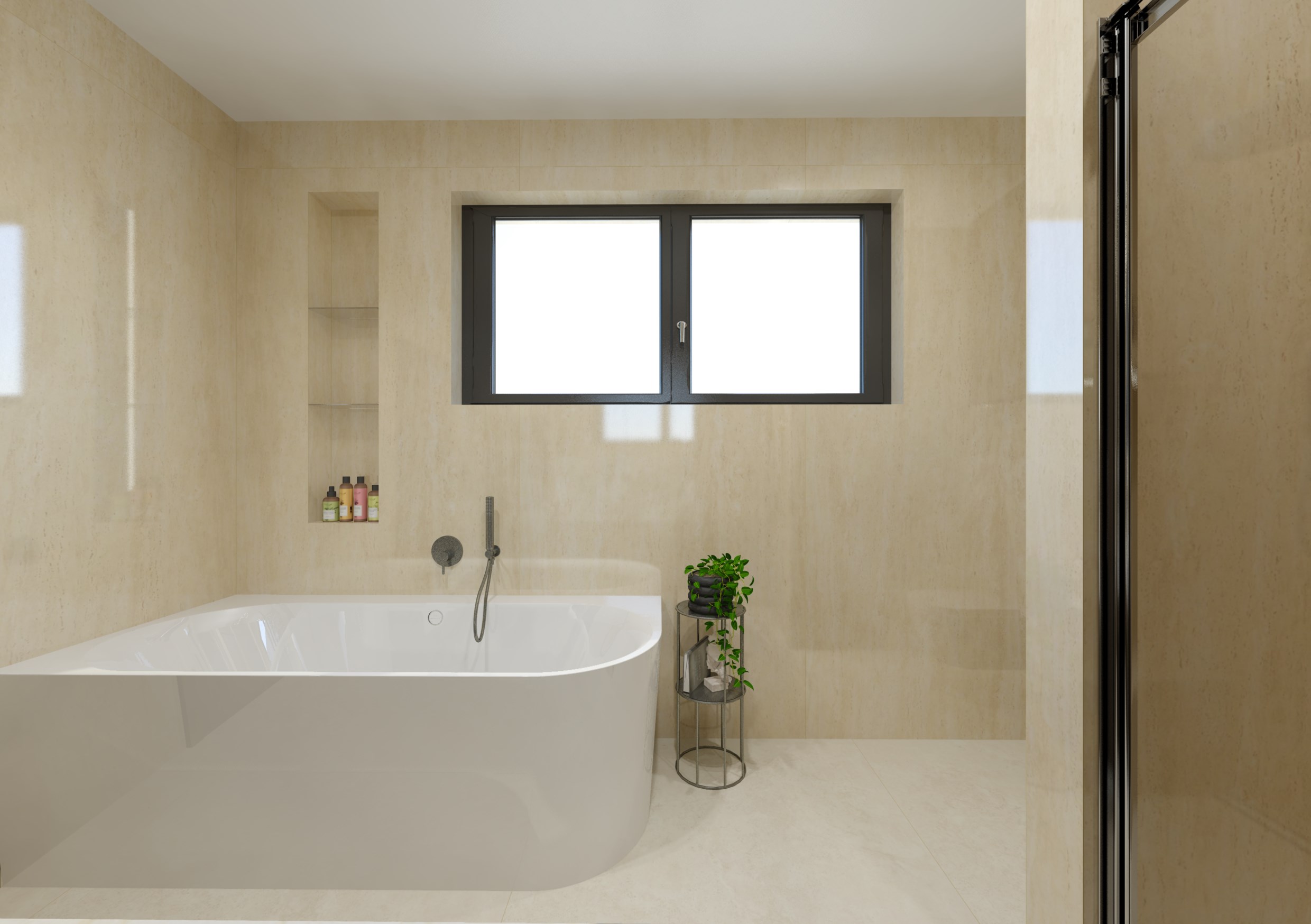 Moderní koupelna v rodinném domě: travertin jako základ, mramorová kresba jako akcent