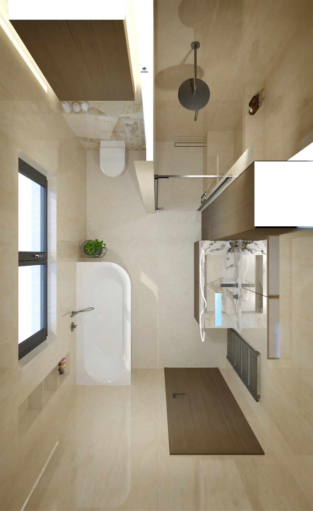 Moderní koupelna v rodinném domě: travertin jako základ, mramorová kresba jako akcent