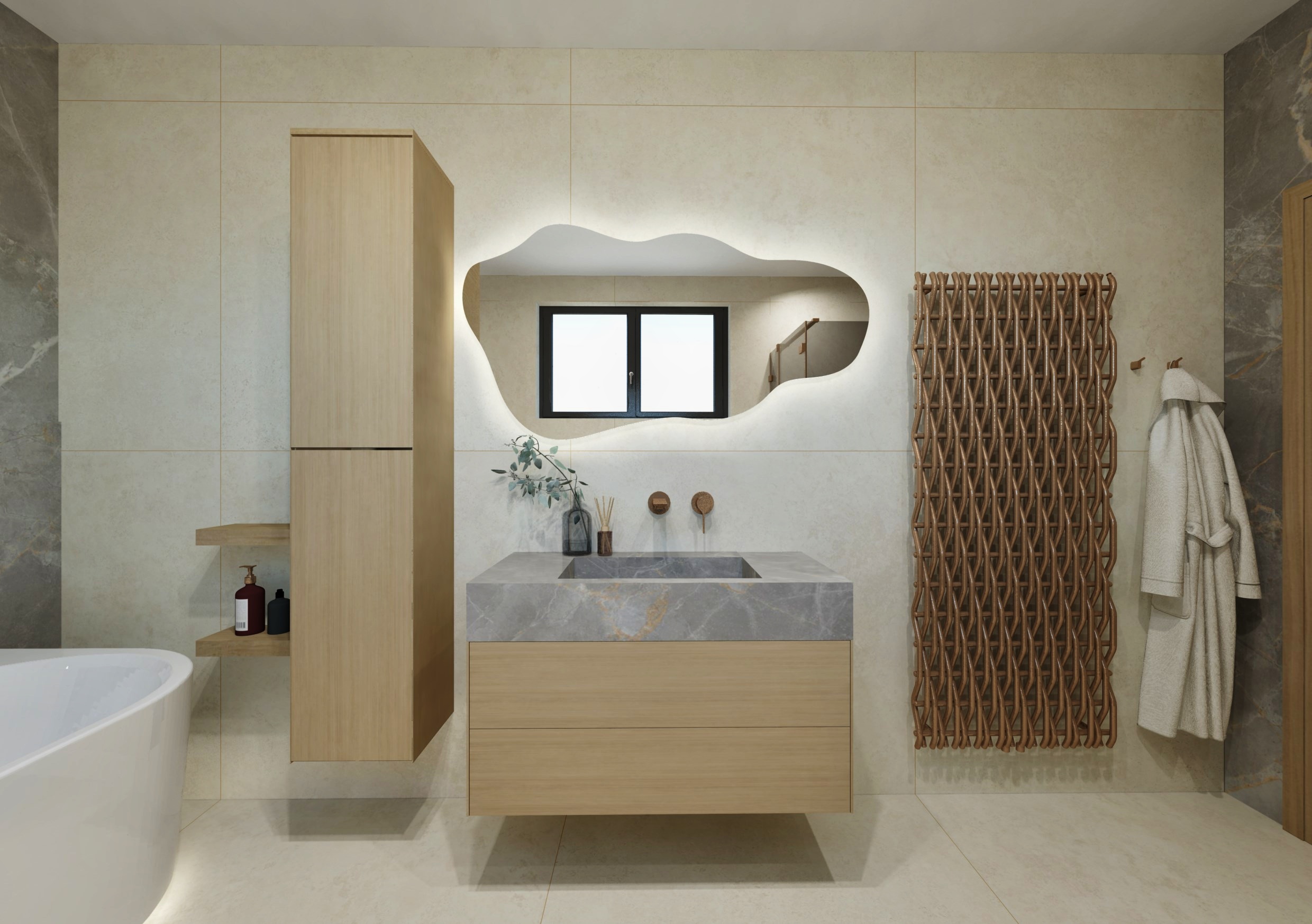 Moderní koupelna v rodinném domě: travertin jako základ, mramorová kresba jako akcent