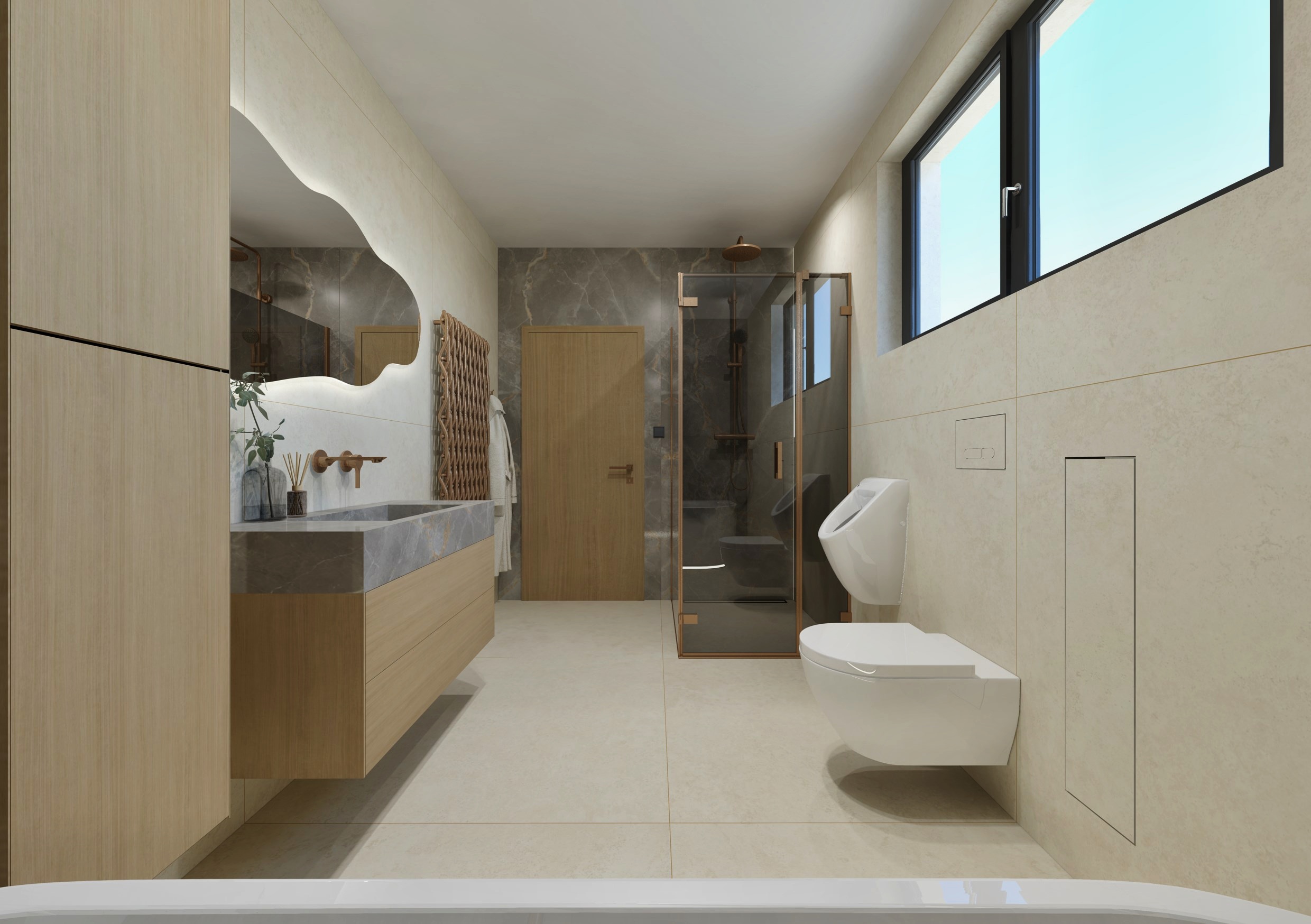 Moderní koupelna v rodinném domě: travertin jako základ, mramorová kresba jako akcent