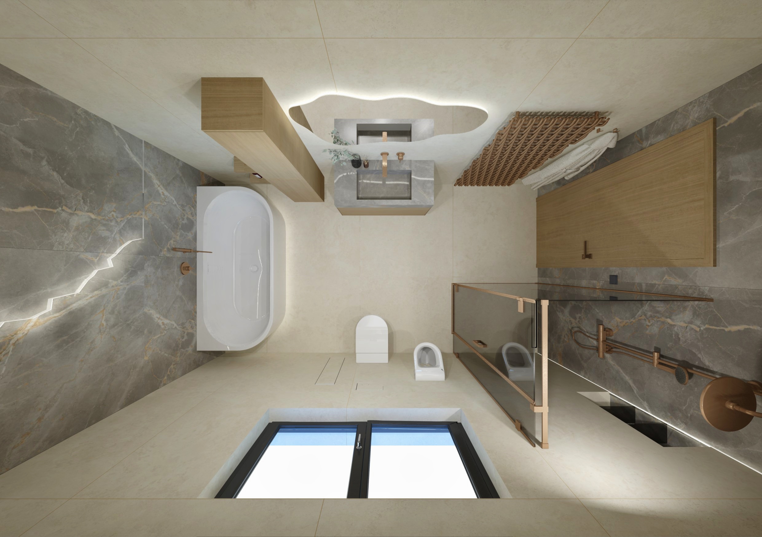 Moderní koupelna v rodinném domě: travertin jako základ, mramorová kresba jako akcent