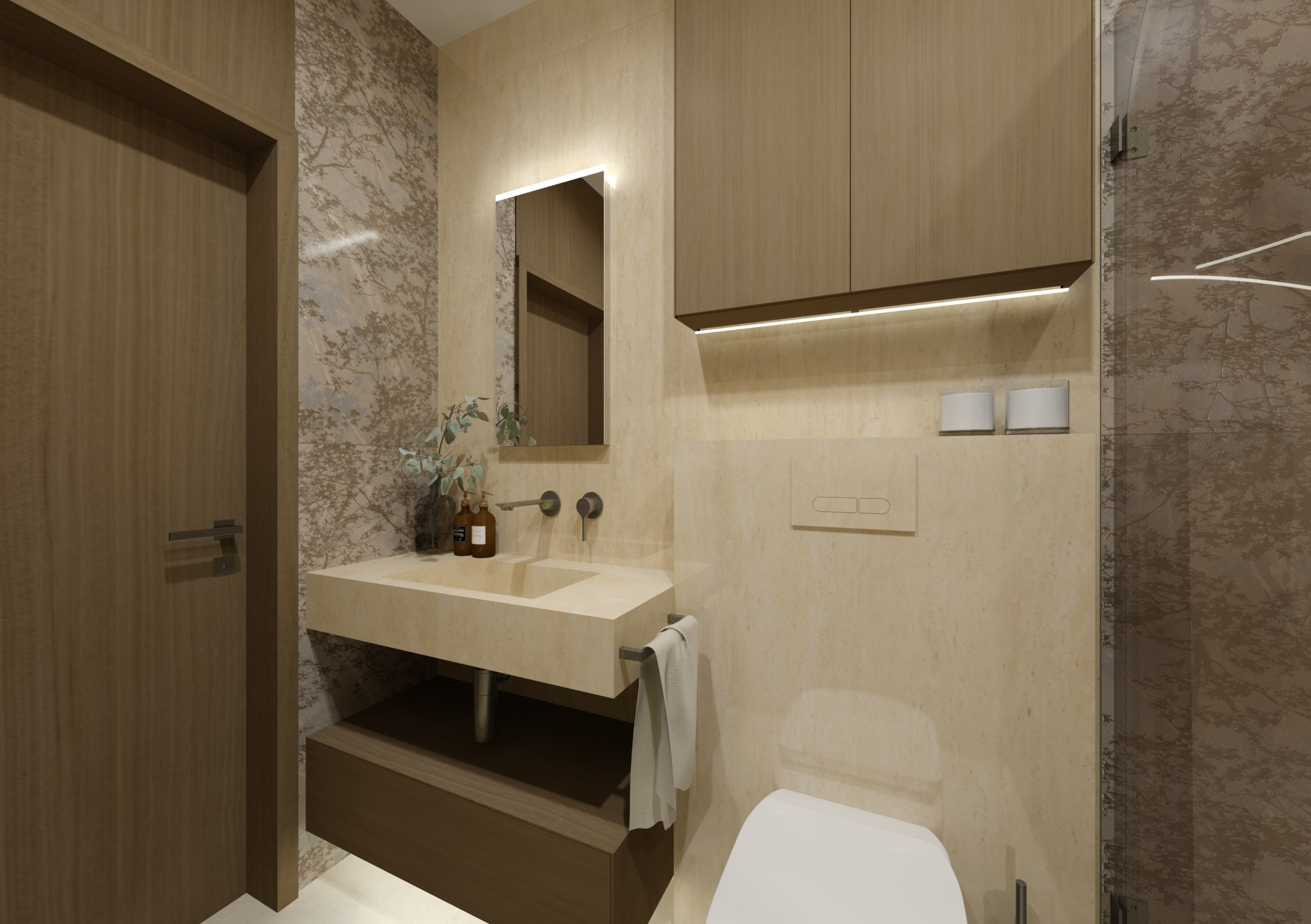 Moderní koupelna v rodinném domě: travertin jako základ, mramorová kresba jako akcent