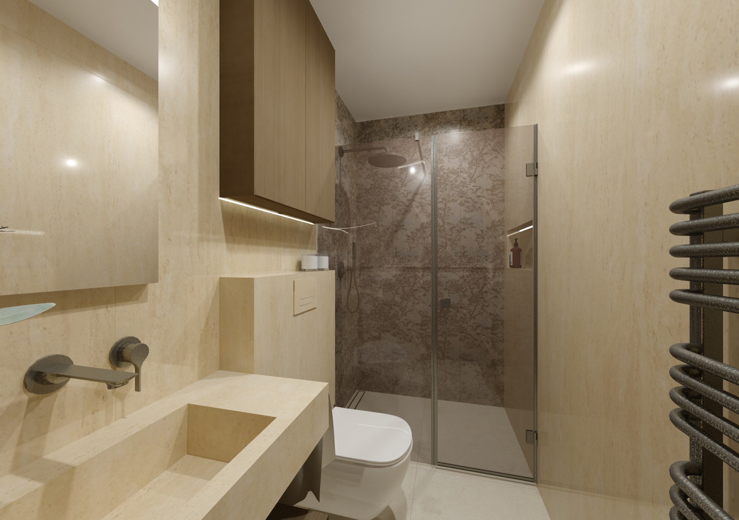 Moderní koupelna v rodinném domě: travertin jako základ, mramorová kresba jako akcent