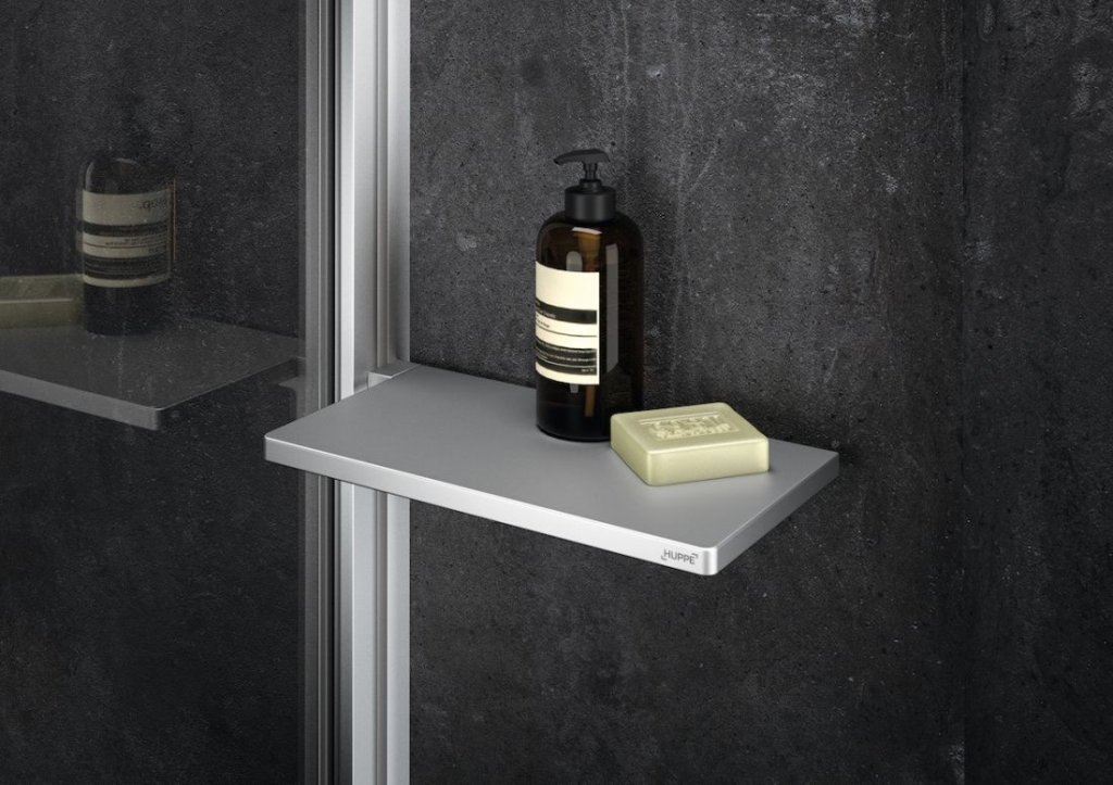 Select+ Tablet, elegantní polička do sprchového koutu, HÜPPE, s uchycením do rámu, stříbrná