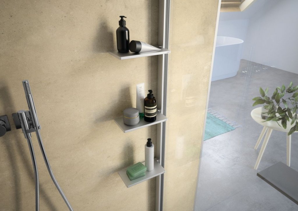 Select+ Tablet, elegantní polička do sprchového koutu, HÜPPE, s uchycením do rámu, stříbrná