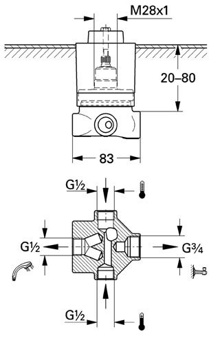 Čtyřcestný ventil Grohe podomítkové vestavbové těleso DN 15