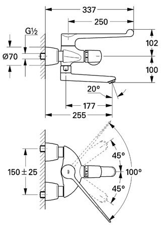 Termostatická lékařská baterie Grohe GROHTHERM ERGOMIX pro ovládání předloktím, 255 mm DN 15, chrom