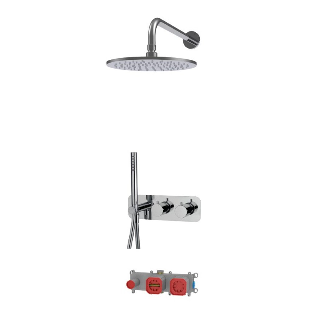 Podomítková termostatická baterie Fima, těleso, kruhová horní sprcha, sprchový set, černý chrom
