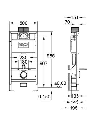 Modul Grohe RAPID SL pro závěsné WC, nádrž 6/9 l, montáž do prostoru, redukce DN 80/100, výška 1 m