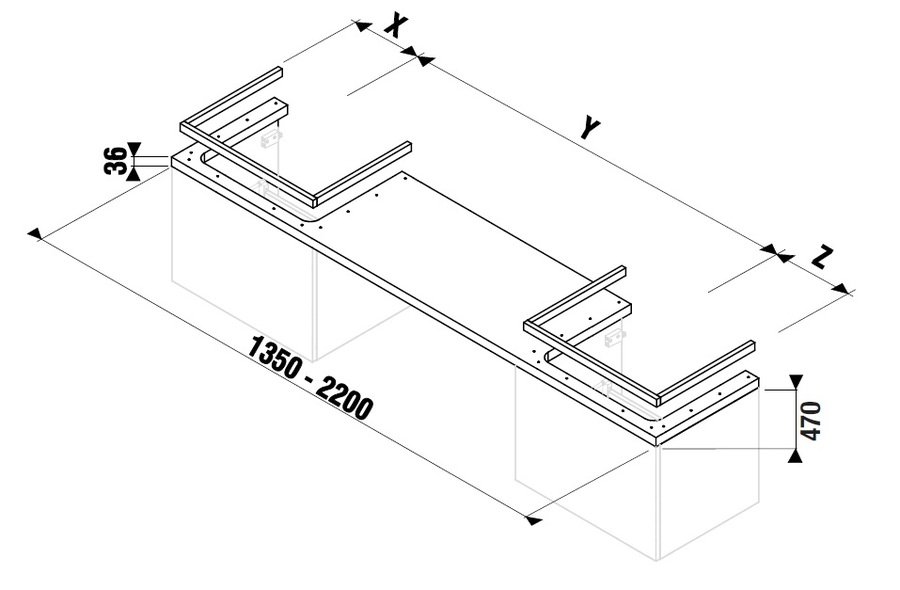 Umyvadlová deska 135-220 cm Jika CUBITO-N, 2 otvory, bez podpěr, bílá