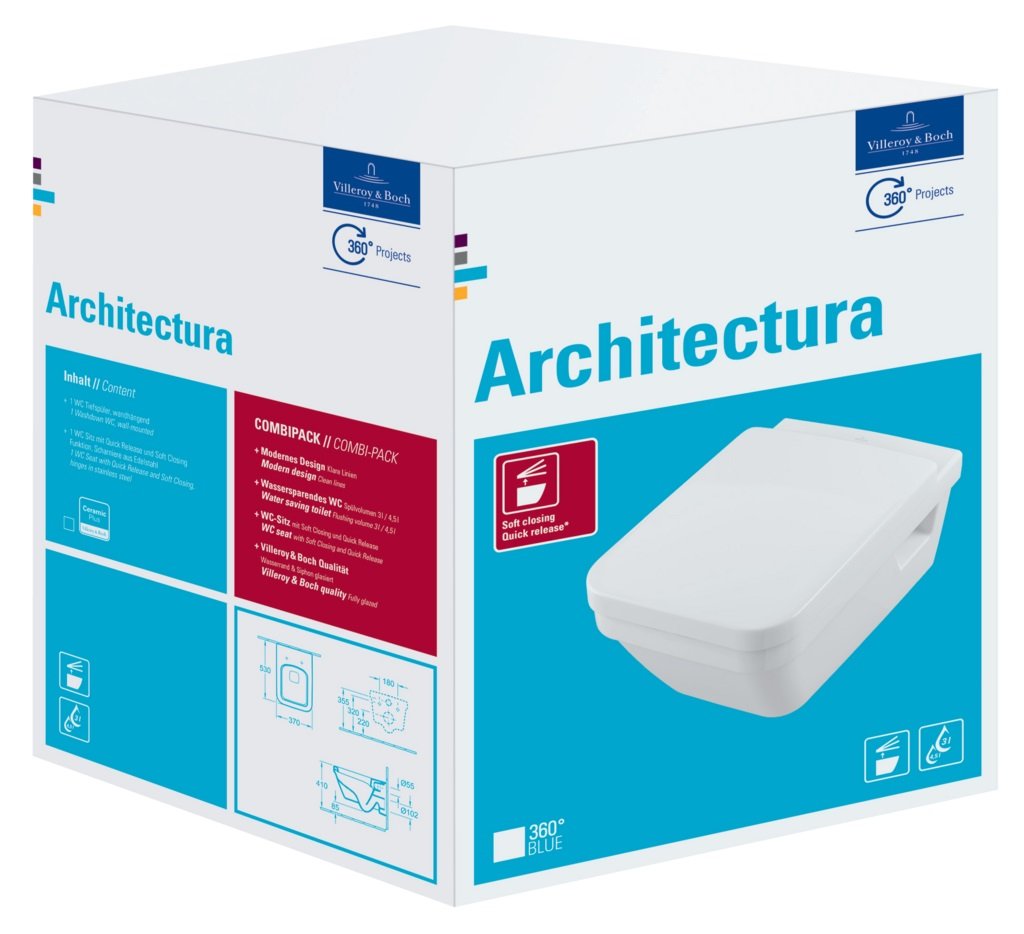 V&B ARCHITECTURA závěsné WC, Combi-Pack DirectFlush vč. sedátka soft-close, bílá Alpin CeramicPlus