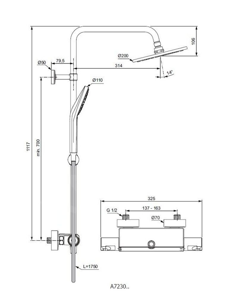 Sprchový nástěnný systém Ideal Standard CERATHERM T50, včetně baterie, chrom