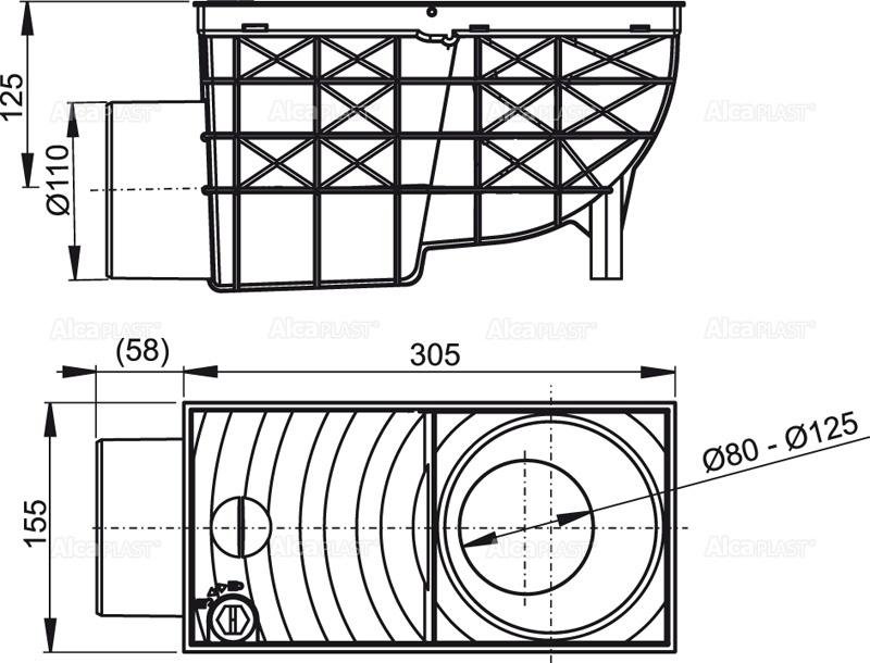 Univerzální lapač střešních splavenin AlcaPlast AGV3 300 × 155/110 boční černý