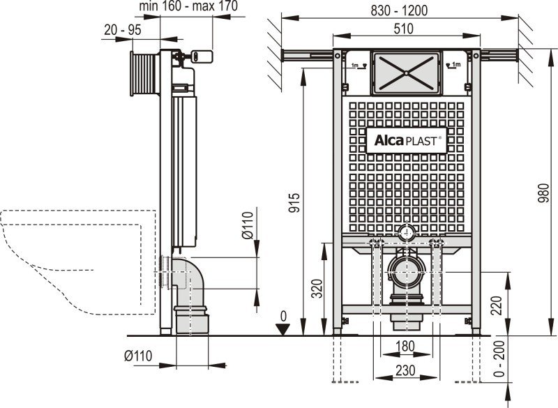 Předstěnový instalační wc systém A102 JÁDROMODUL AlcaPlast pro suchou instal.do byt. jader, 1200 mm