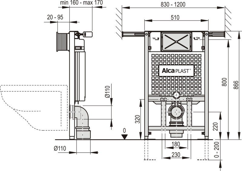 Předstěnový instalační wc systém A102 JÁDROMODUL AlcaPlast pro suchou instal.do byt.jader, 850 mm