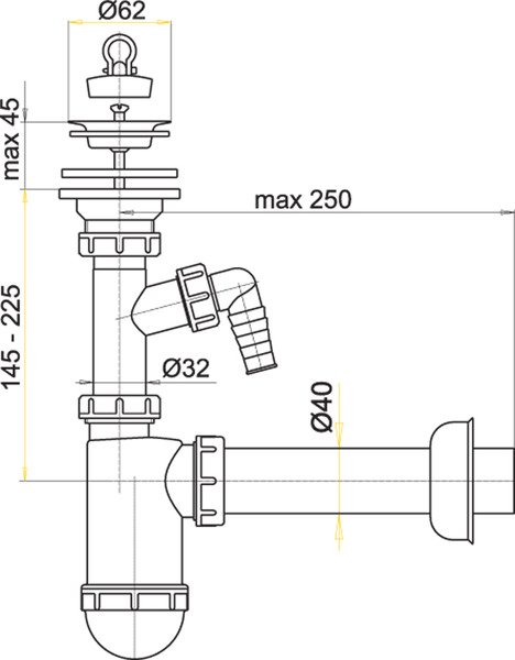 Umyvadlový sifon A410P AlcaPlast průměr 32 mm,s přípojkou a nerez.mřížkou, průměr 63 mm