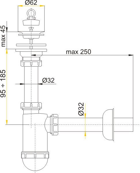 Umyvadlový sifon A411 AlcaPlast průměr 32 mm s nerez.mřížkou průměr 63 mm