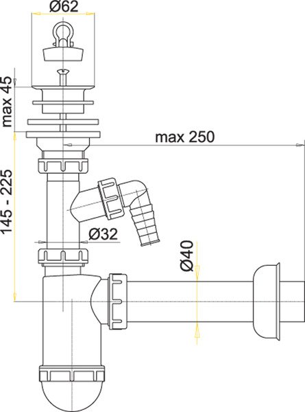 Umyvadlový sifon A420P AlcaPlast průměr 32 mm s přípojkou a plast.mřížkou, průměr 63 mm