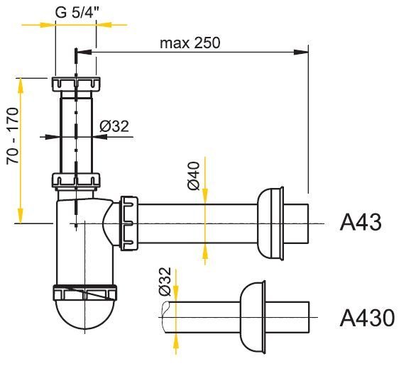 Umyvadlový sifon A43 AlcaPlast průměr 40 mm s převlečnou maticí 5/4