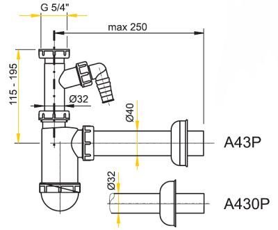 Umyvadlový sifon A43P AlcaPlast průměr 40 mm s přípojkou a převlečnou maticí 5/4