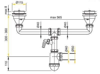 Sifon pro dvoudřez s nerez.mřížkami A453P AlcaPlast s přípojkou-průměr 115 mm