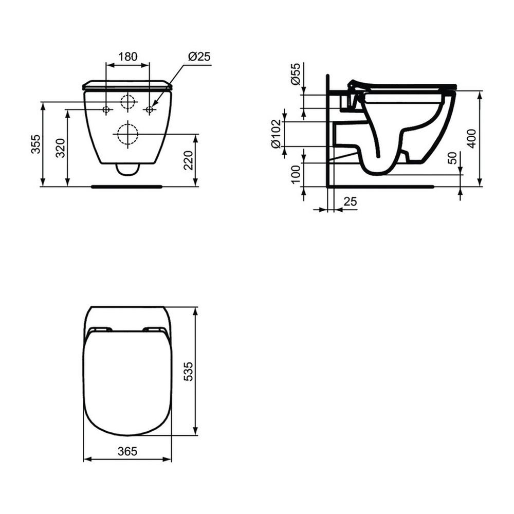 Závěsné WC 36x53 cm Ideal Standard TESI Rimless, SoftClose sedátko, vodorovný odpad, bílá