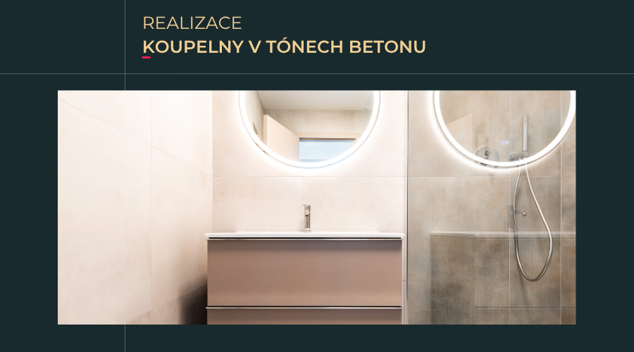 Moderní koupelna v jemných tónech betonu s velkoformátovými obklady Atlas Concorde. Na snímku je závěsná skříňka Lotosan SCARLET v odstínu Duna mat, bílé keramické umyvadlo a kruhové LED zrcadlo Kielle IDOLIO, které osvětluje minimalistický prostor s