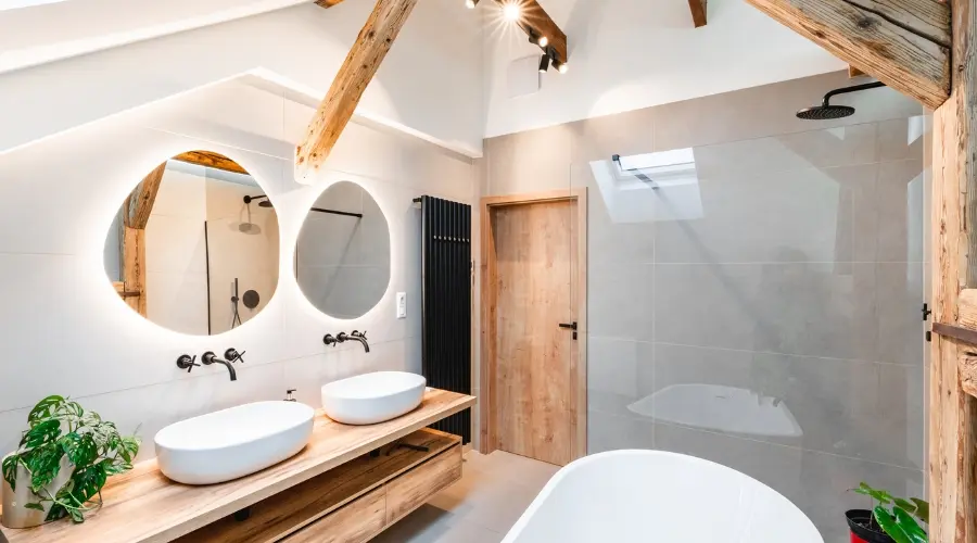 Realizace moderních koupelen v rustikálním stylu – velkoformátové obklady a dlažba, volně stojící vana i walk-in sprcha s retro kohoutky