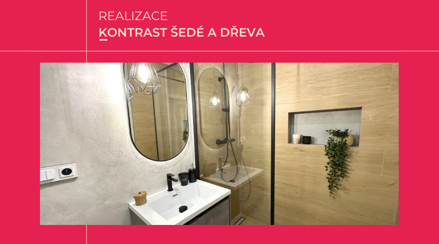 Koupelna v bytě k dlouhodobému pronájmu – kontrast šedé a dřevodekoru, umyvadlová skříňka kielle MEARA, černé baterie, walk-in sprchový kout s nikou a obklady Atlas Concorde Solution CODEC Gray a WOULD Honey.